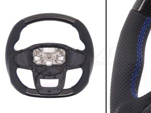 Transit Custom (MK2) VanPimps Performance Carbon Fibre & Punched Leather Flat Bottom Steering Wheel Core (Blue Stitch)