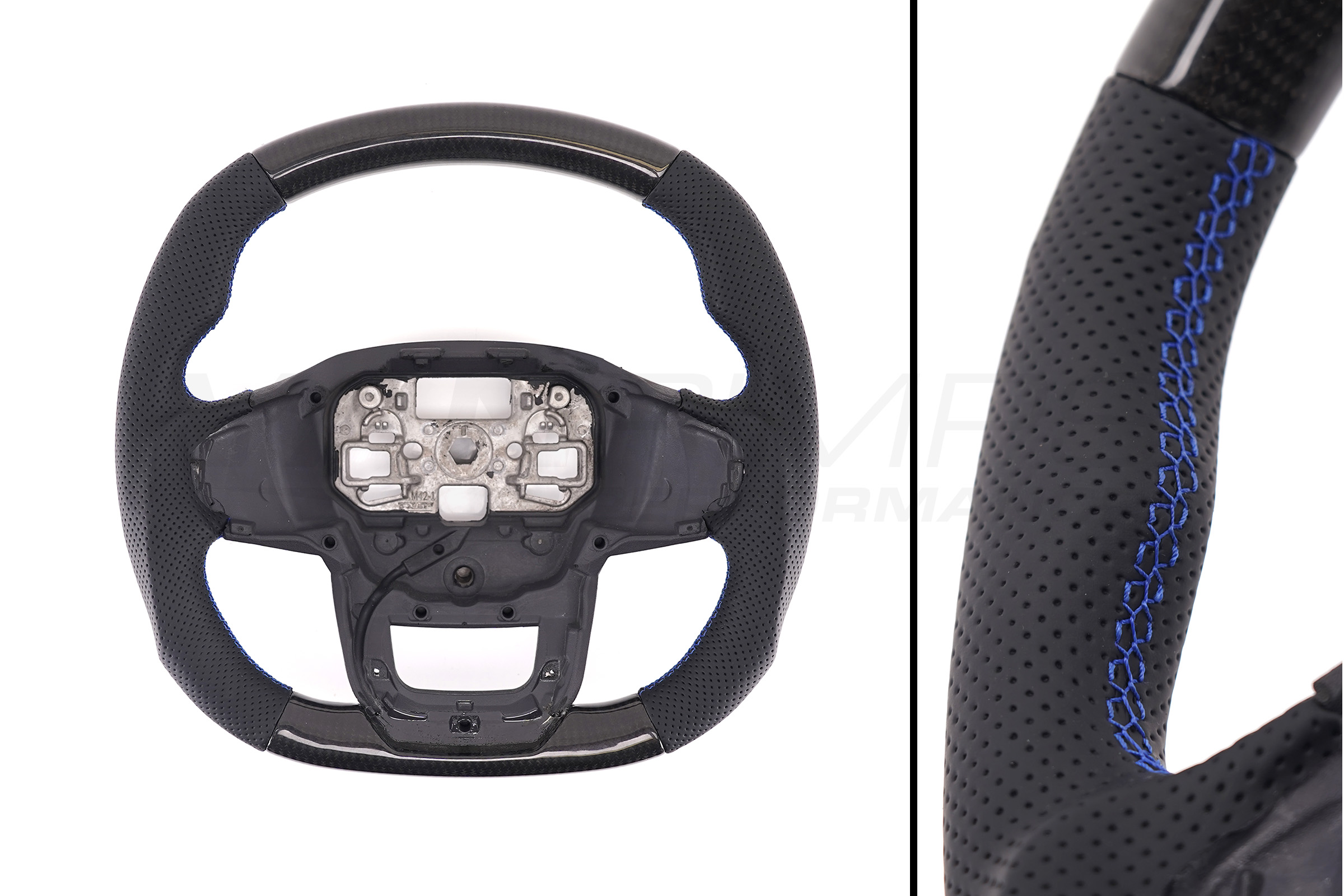 Transit Custom (MK2) VanPimps Performance Carbon Fibre & Punched Leather Flat Bottom Steering Wheel Core (Blue Stitch)
