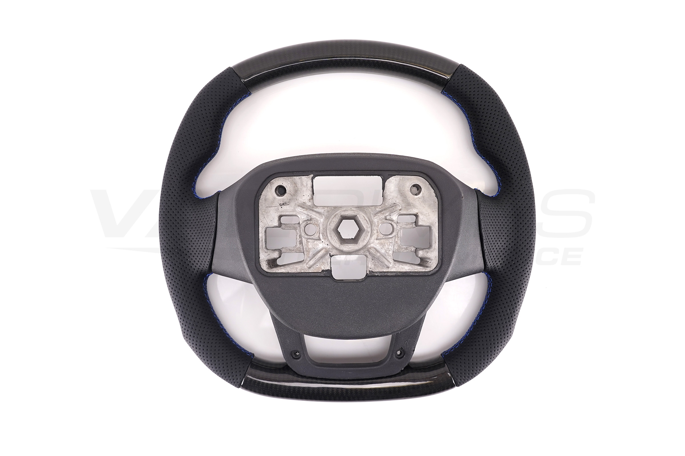 Transit Custom (MK2) VanPimps Performance Carbon Fibre & Punched Leather Flat Bottom Steering Wheel Core (Blue Stitch) - Image 5