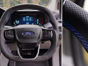 Alternative view of Transit Custom (MK2) VanPimps Performance Carbon Fibre & Punched Leather Flat Bottom Steering Wheel Core (Blue Stitch)