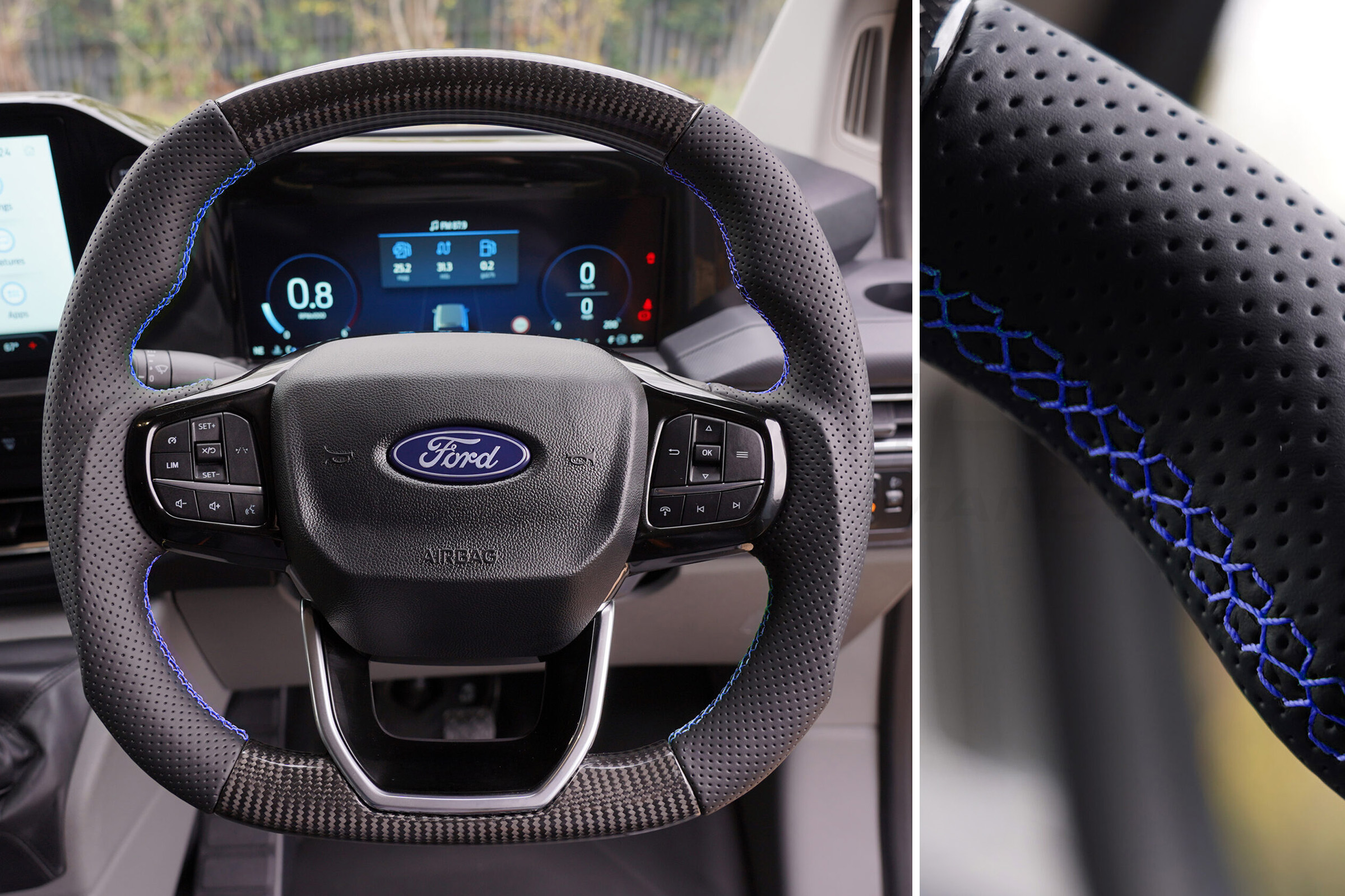 Transit Custom (MK2) VanPimps Performance Carbon Fibre & Punched Leather Flat Bottom Steering Wheel Core (Blue Stitch) - Image 2