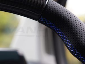 Transit Custom (MK2) VanPimps Performance Carbon Fibre & Punched Leather Flat Bottom Steering Wheel Core (Blue Stitch) - Image 4
