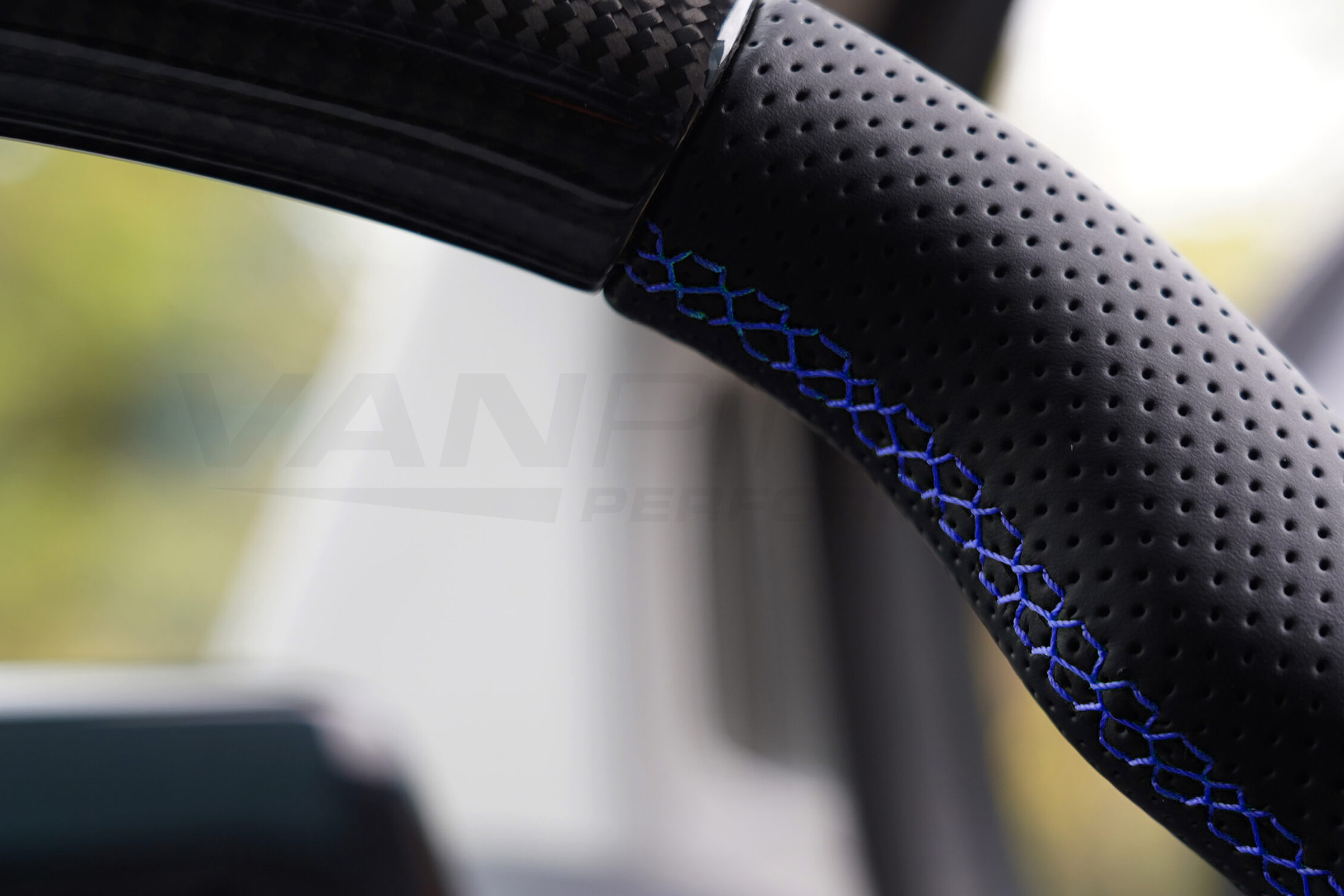 Transit Custom (MK2) VanPimps Performance Carbon Fibre & Punched Leather Flat Bottom Steering Wheel Core (Blue Stitch) - Image 4