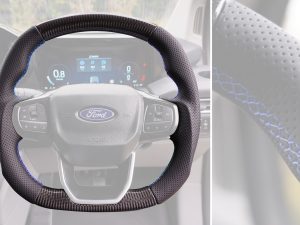 Transit Custom (MK2) VanPimps Performance Carbon Fibre & Punched Leather Flat Bottom Steering Wheel Core (Blue Stitch) - Image 3