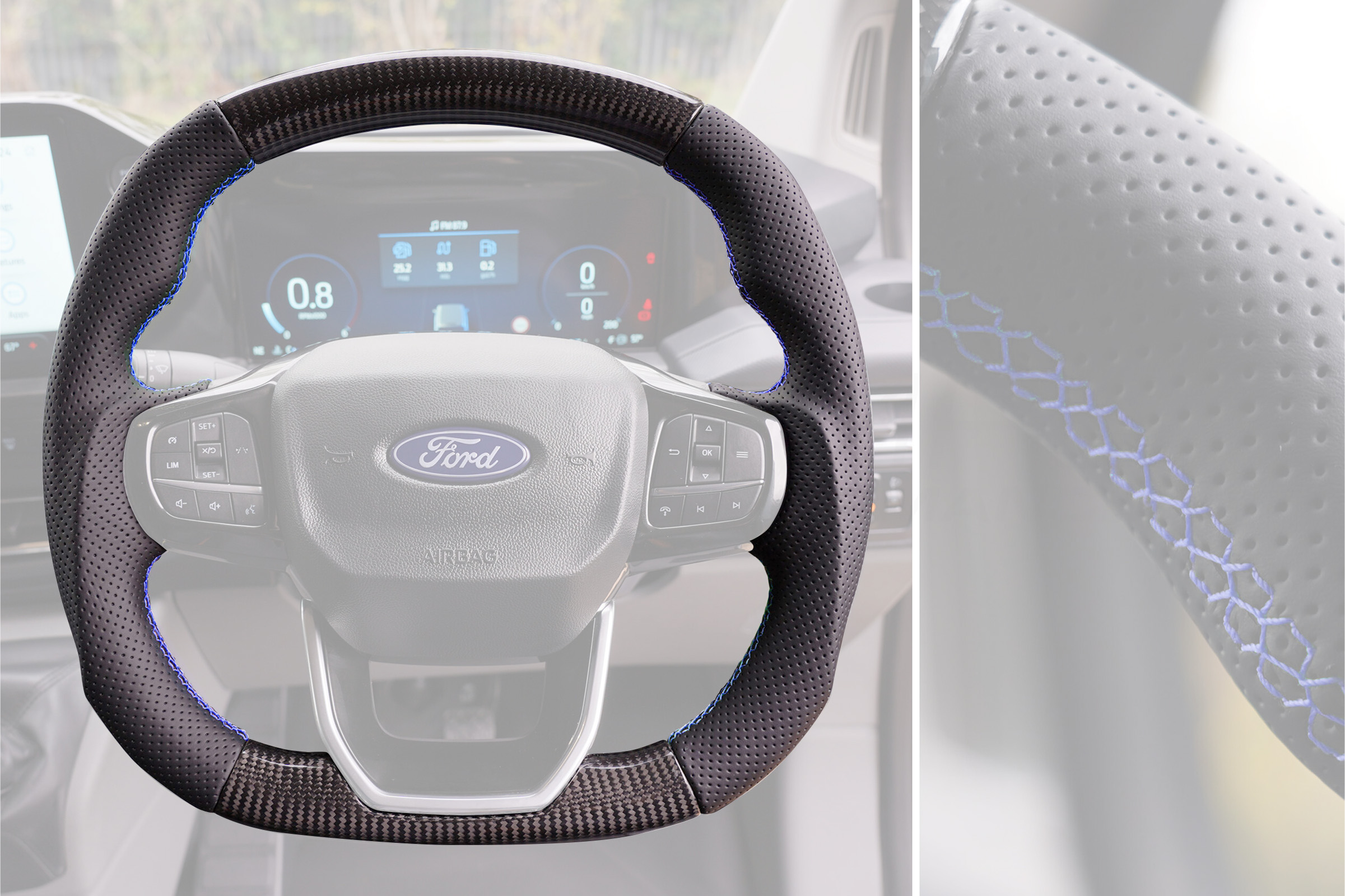Transit Custom (MK2) VanPimps Performance Carbon Fibre & Punched Leather Flat Bottom Steering Wheel Core (Blue Stitch) - Image 3