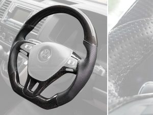 T6 Vee Dub Performance Carbon Fibre & Punched Leather Flat Bottom Steering Wheel Core (Black Stitch) - Image 3