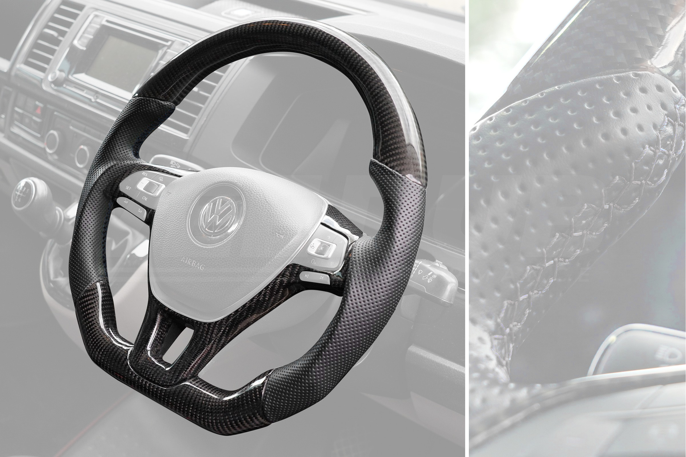 T6 Vee Dub Performance Carbon Fibre & Punched Leather Flat Bottom Steering Wheel Core (Black Stitch) - Image 3