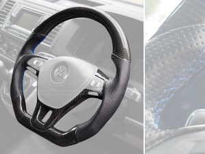 T6 Vee Dub Performance Carbon Fibre & Punched Leather Flat Bottom Steering Wheel Core (Blue Stitch) - Image 3
