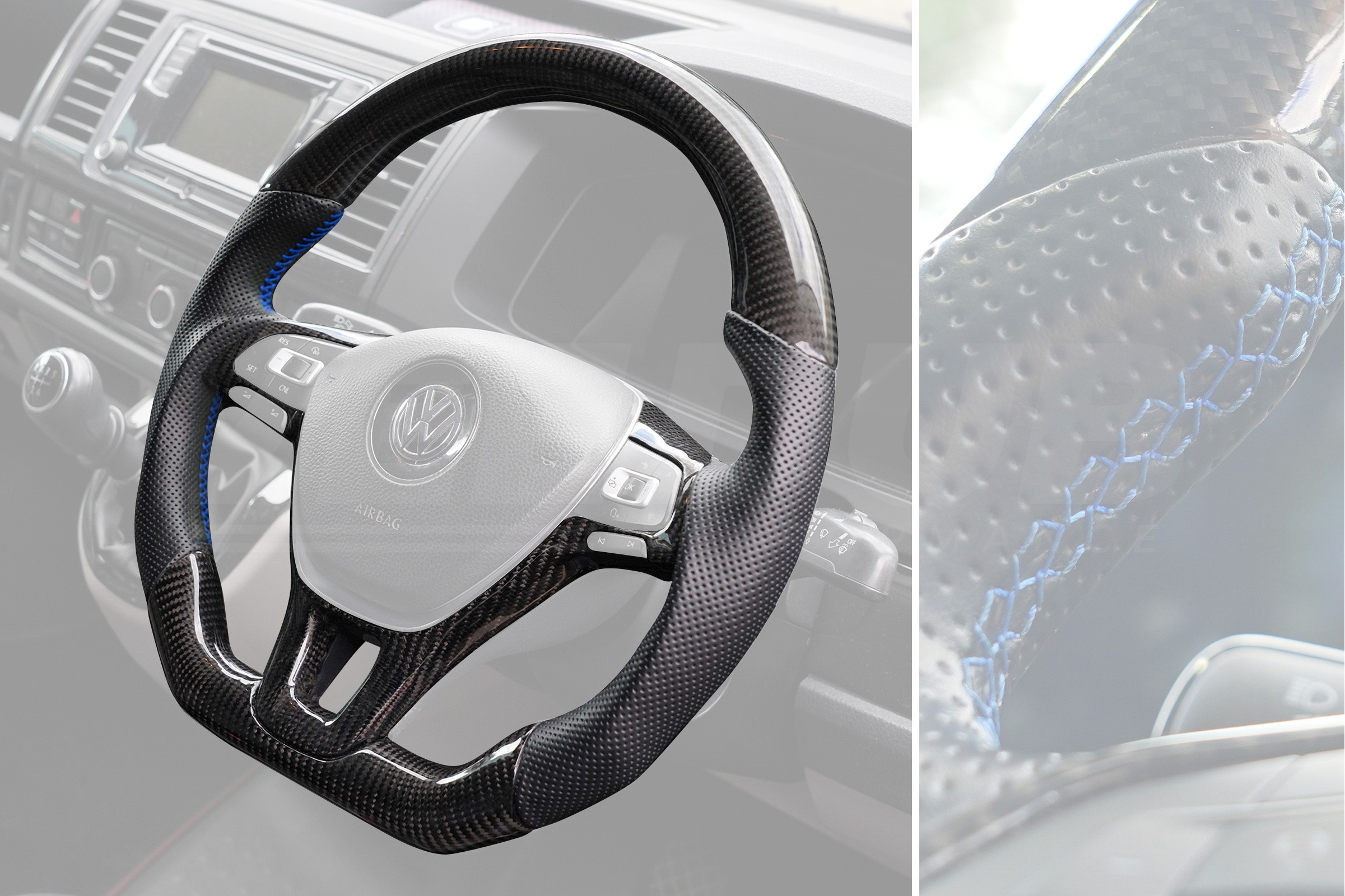 T6 Vee Dub Performance Carbon Fibre & Punched Leather Flat Bottom Steering Wheel Core (Blue Stitch) - Image 3