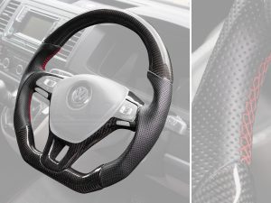 T6 Vee Dub Performance Carbon Fibre & Punched Leather Flat Bottom Steering Wheel Core (Red Stitch) - Image 3
