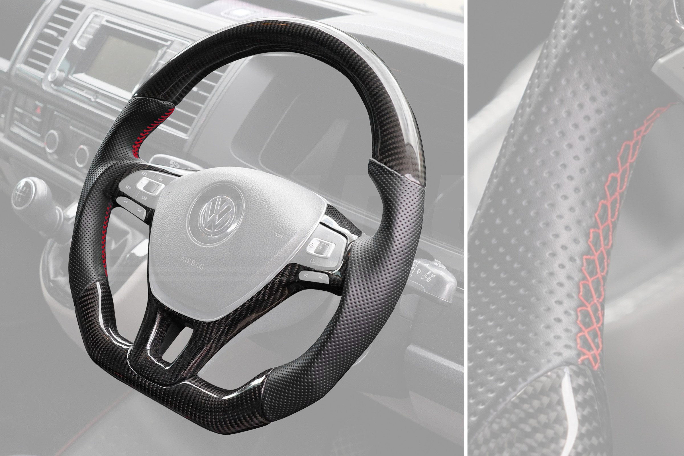 T6 Vee Dub Performance Carbon Fibre & Punched Leather Flat Bottom Steering Wheel Core (Red Stitch) - Image 3