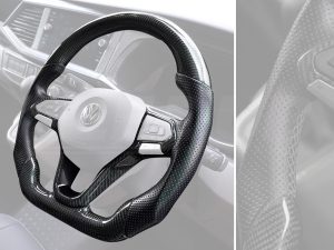 T6.1 Vee Dub Performance Carbon Fibre & Punched Leather Flat Bottom Steering Wheel Core (Black Stitch) - Image 3