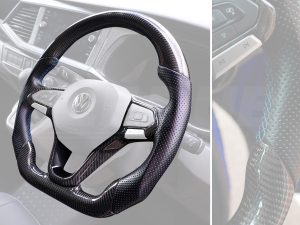 T6.1 Vee Dub Performance Carbon Fibre & Punched Leather Flat Bottom Steering Wheel Core (Blue Stitch) - Image 3