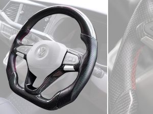 T6.1 Vee Dub Performance Carbon Fibre & Punched Leather Flat Bottom Steering Wheel Core (Red Stitch) - Image 3