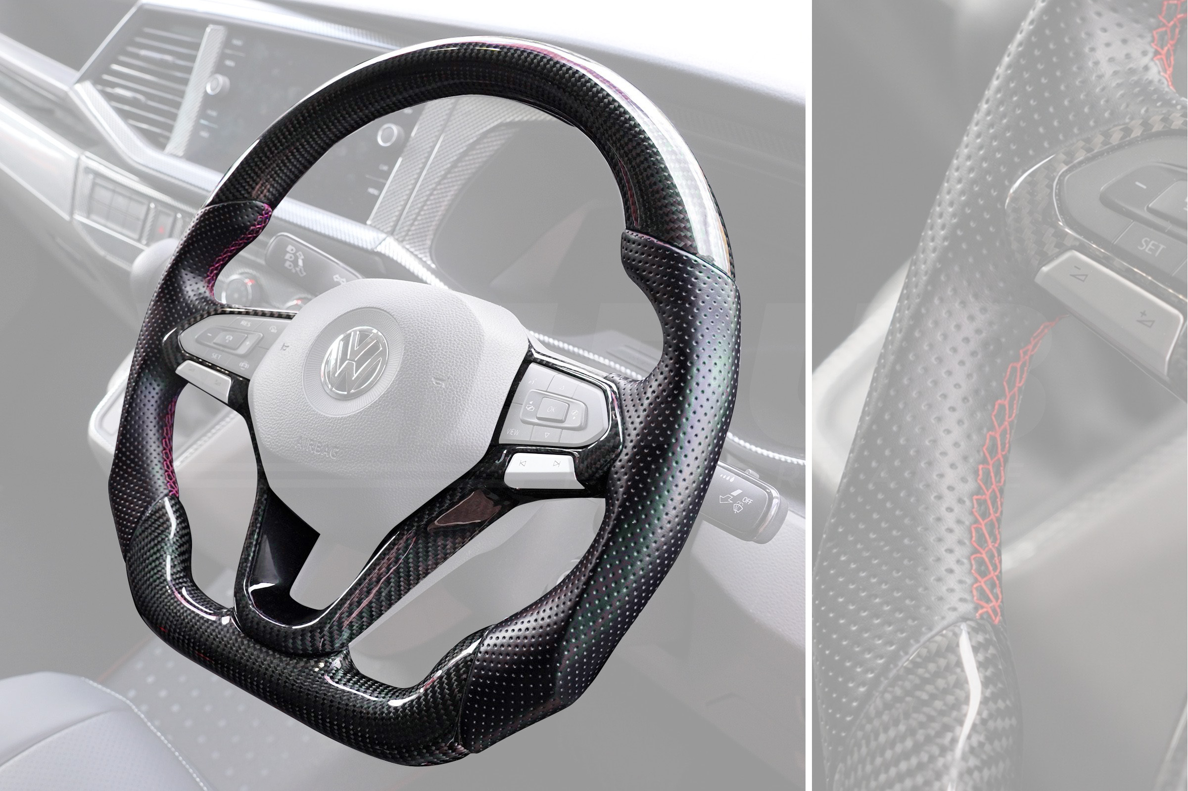 T6.1 Vee Dub Performance Carbon Fibre & Punched Leather Flat Bottom Steering Wheel Core (Red Stitch) - Image 3
