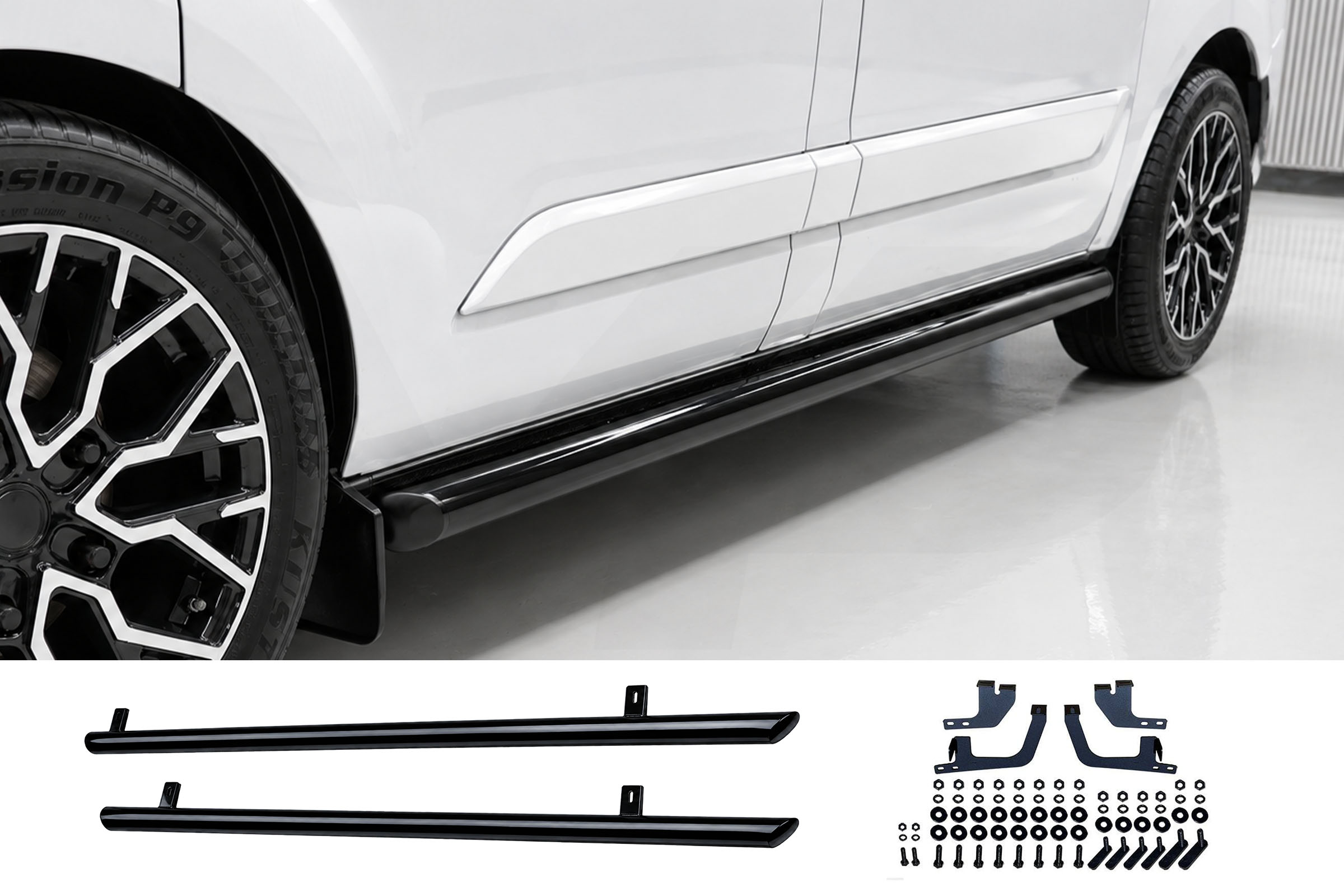 Ford Transit Custom (13-23) Gloss Black 70mm Streamline Angled Side Bars - SWB