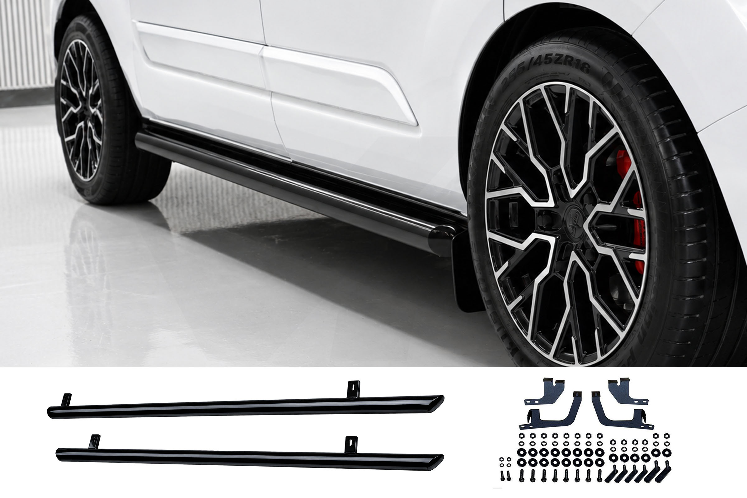 Ford Transit Custom (13-23) Gloss Black 70mm Streamline Angled Side Bars - LWB