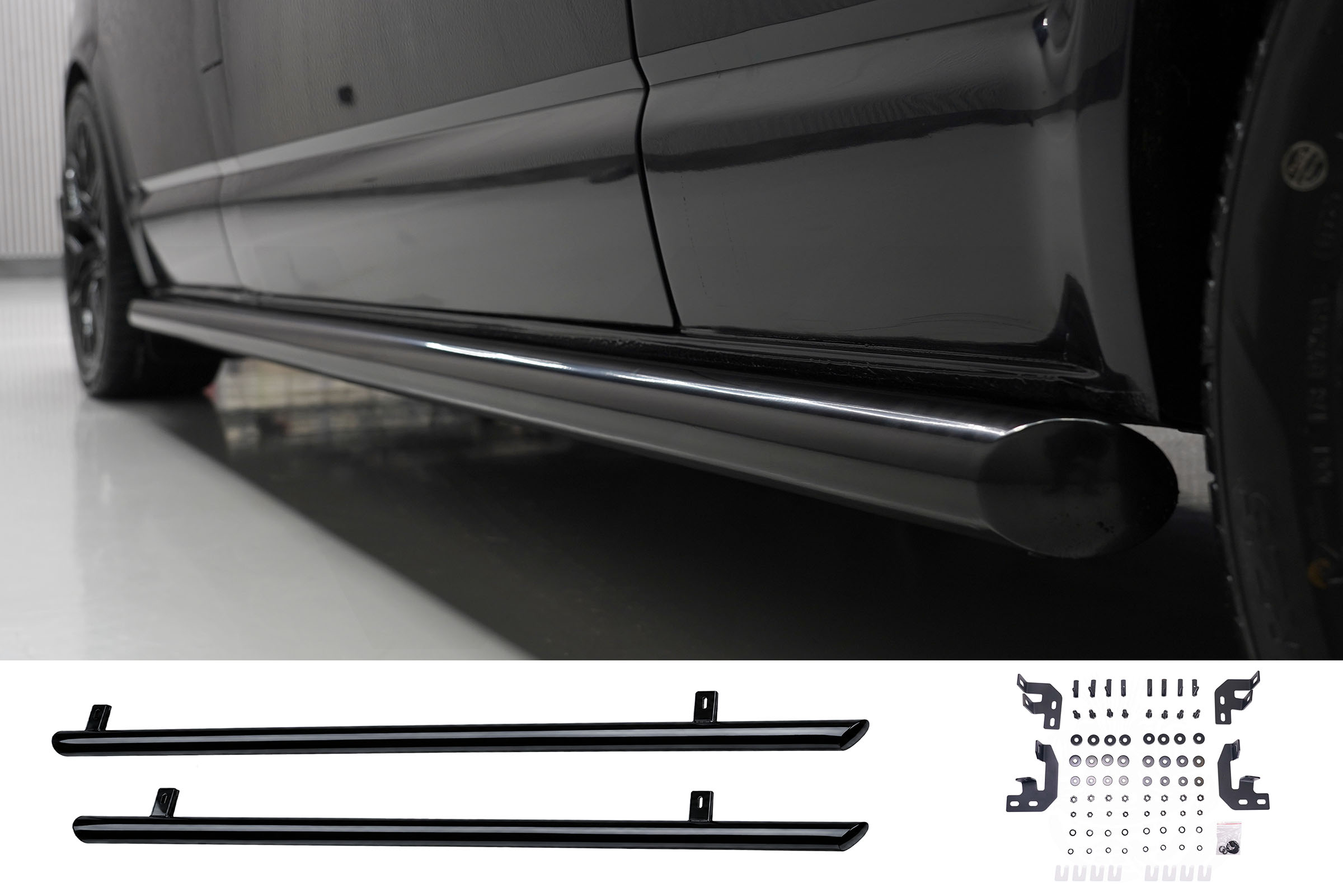 Ford Transit Custom MK2 (2024>) Gloss Black 70mm Streamline Angled Side Bars - LWB